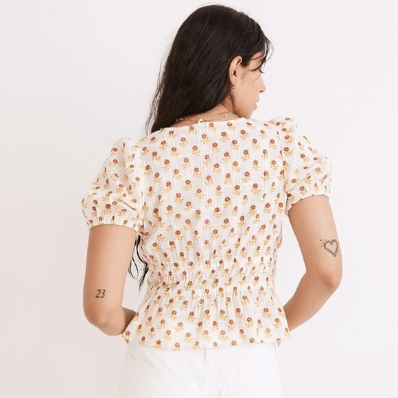 MADEWELL SOPHIA IVORY WHITE FLORAL GAUZE TOP IN WILD CALENDULA BLOCK PRINT - M - Picture 3 of 13